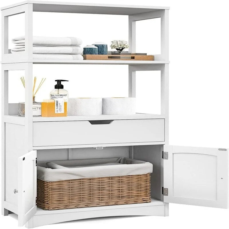 Freestanding Floor Storage Cabinet with 2 Open Shelves Drawer Double Doors Multi-Color