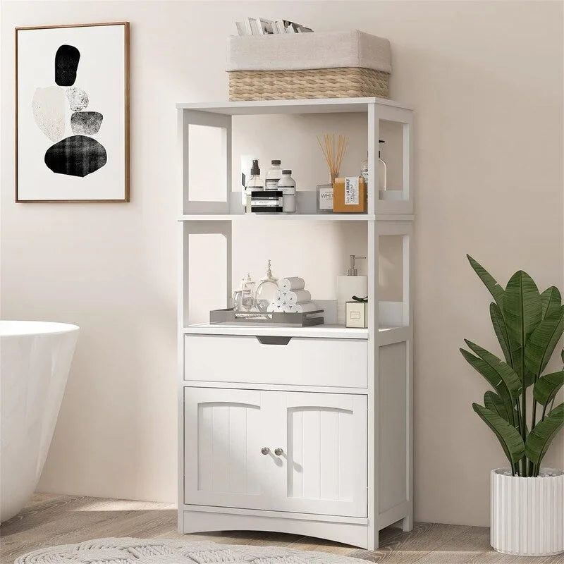 Freestanding Floor Storage Cabinet with 2 Open Shelves Drawer Double Doors Multi-Color