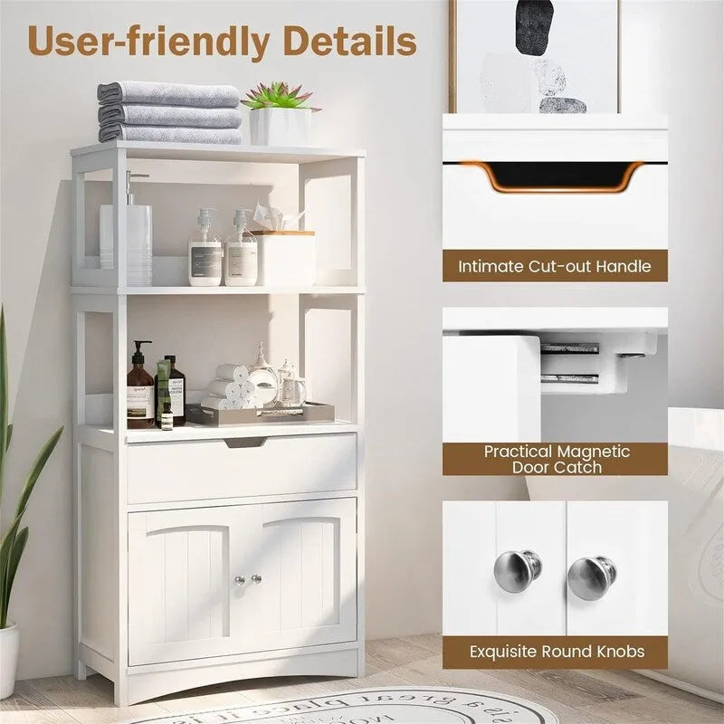 Freestanding Floor Storage Cabinet with 2 Open Shelves Drawer Double Doors Multi-Color