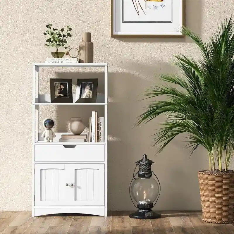 Freestanding Floor Storage Cabinet with 2 Open Shelves Drawer Double Doors Multi-Color