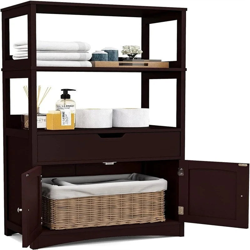 Freestanding Floor Storage Cabinet with 2 Open Shelves Drawer Double Doors Multi-Color