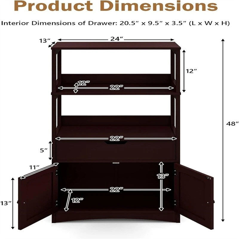 Freestanding Floor Storage Cabinet with 2 Open Shelves Drawer Double Doors Multi-Color