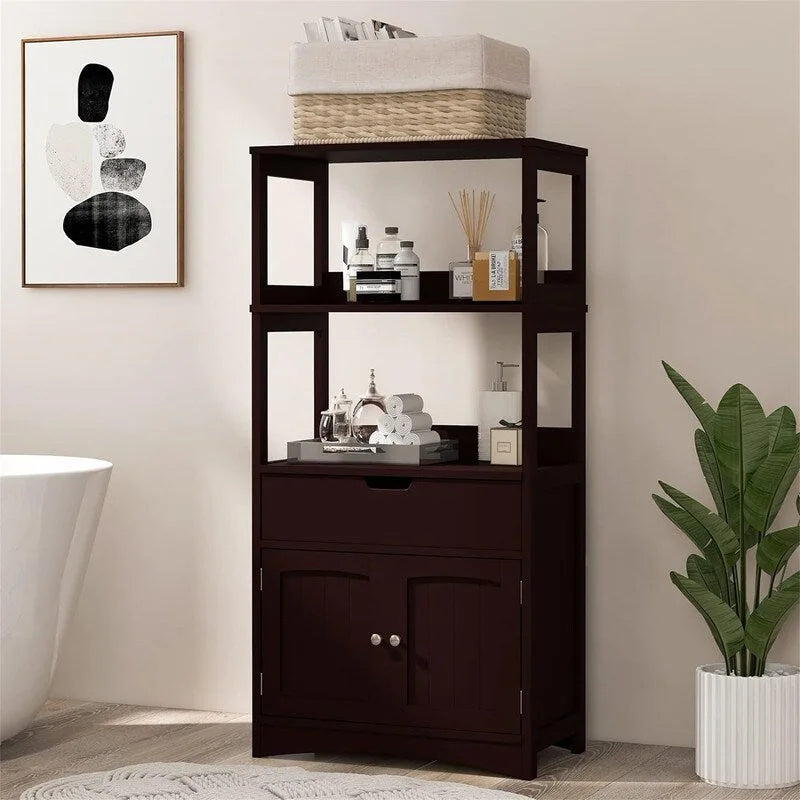Freestanding Floor Storage Cabinet with 2 Open Shelves Drawer Double Doors Multi-Color