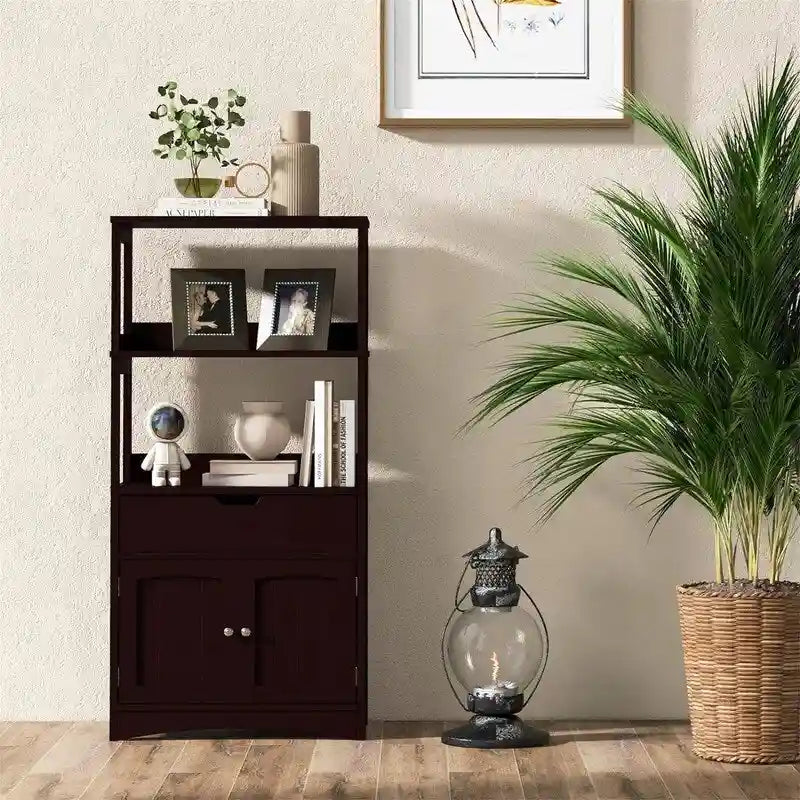 Freestanding Floor Storage Cabinet with 2 Open Shelves Drawer Double Doors Multi-Color