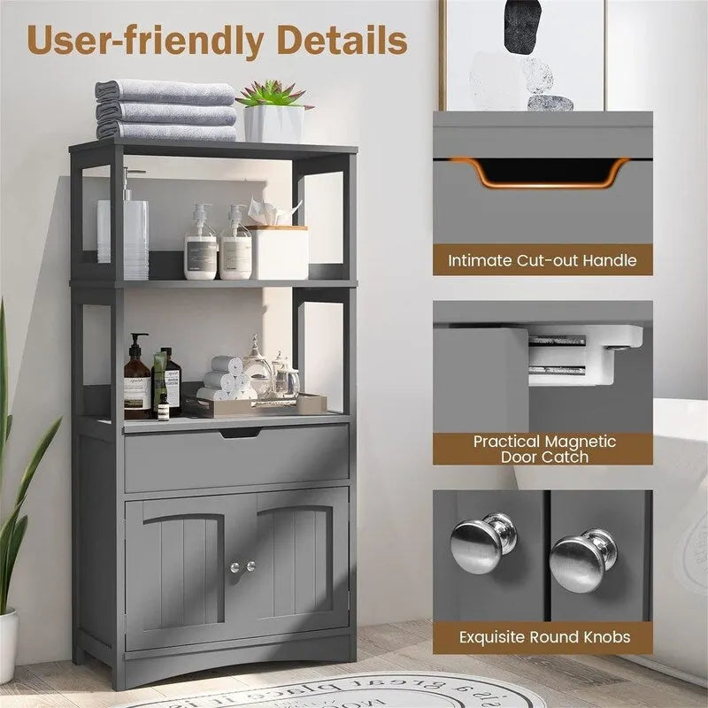 Freestanding Floor Storage Cabinet with 2 Open Shelves Drawer Double Doors Multi-Color