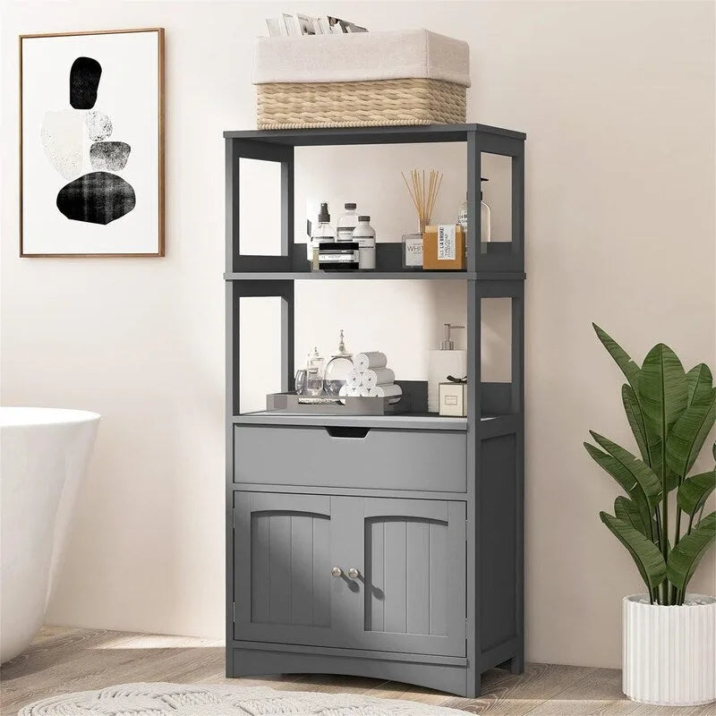 Freestanding Floor Storage Cabinet with 2 Open Shelves Drawer Double Doors Multi-Color