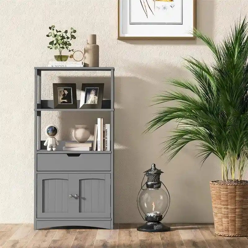 Freestanding Floor Storage Cabinet with 2 Open Shelves Drawer Double Doors Multi-Color