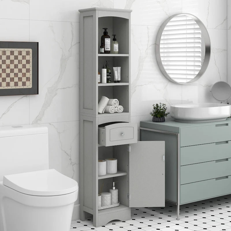 Hohes freistehendes Badezimmerschrank mit Schublade und offenen Regalen, Weiß