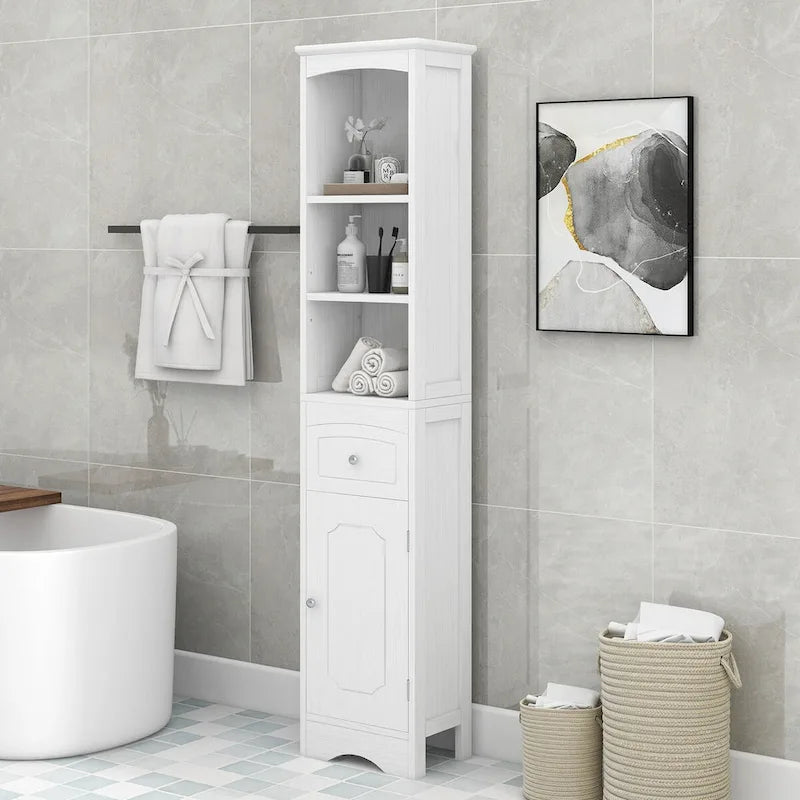Hohes freistehendes Badezimmerschrank mit Schublade und offenen Regalen, Weiß