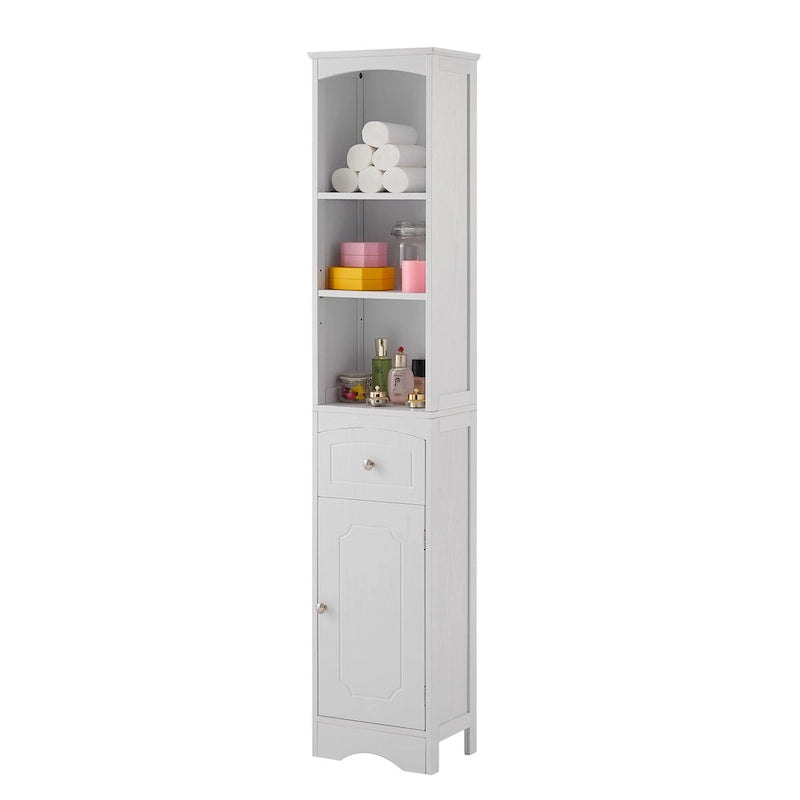 Hohes freistehendes Badezimmerschrank mit Schublade und offenen Regalen, Weiß