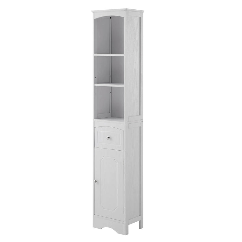 Hohes freistehendes Badezimmerschrank mit Schublade und offenen Regalen, Weiß