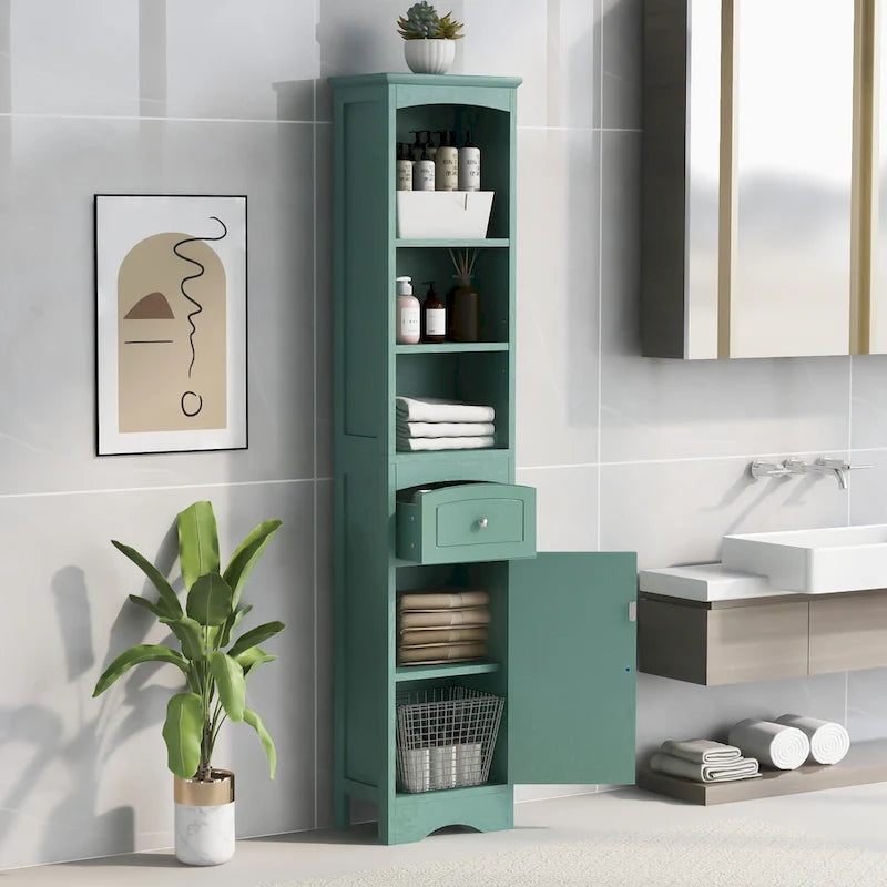 Hohes freistehendes Badezimmerschrank mit Schublade und offenen Regalen, Weiß