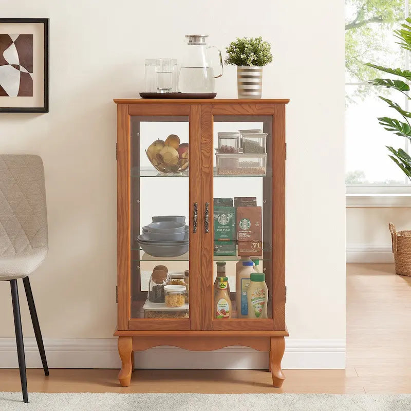 Glass Door Display Cabinet with Adjustable Shelves and Built-In Light