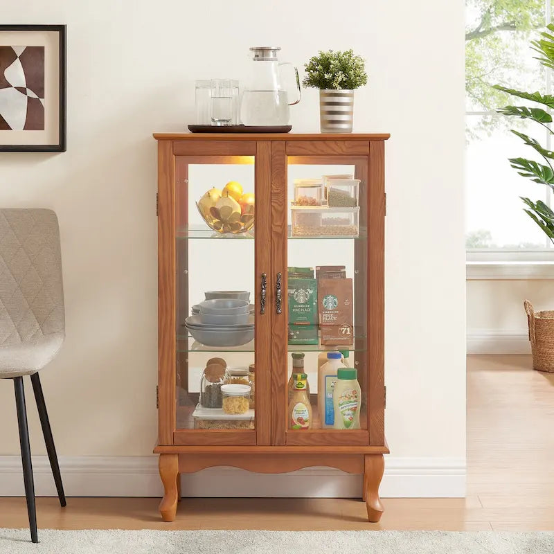 Glass Door Display Cabinet with Adjustable Shelves and Built-In Light