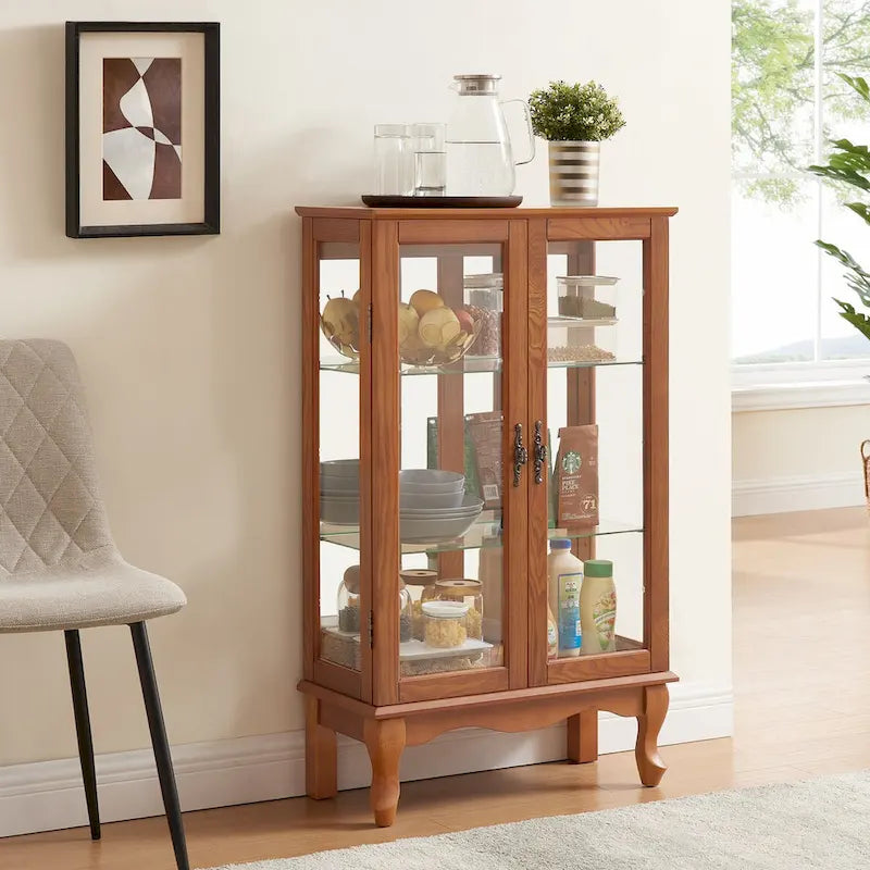 Glass Door Display Cabinet with Adjustable Shelves and Built-In Light