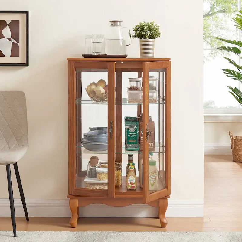 Glass Door Display Cabinet with Adjustable Shelves and Built-In Light