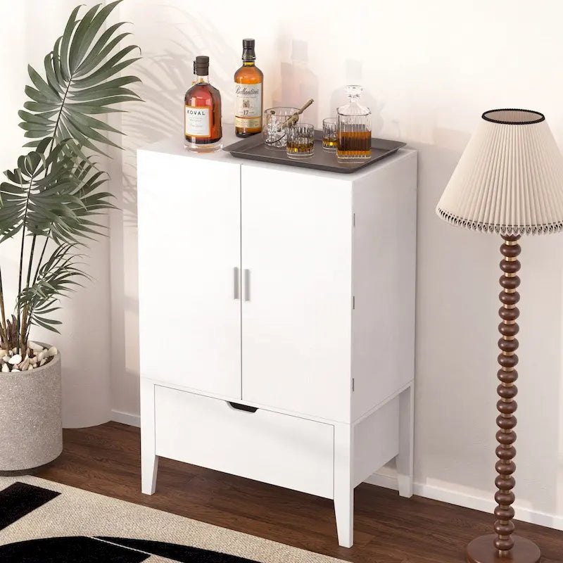Industrial Metal Wood Bar Cabinet with Wine Rack Drawer and Goblet Holder