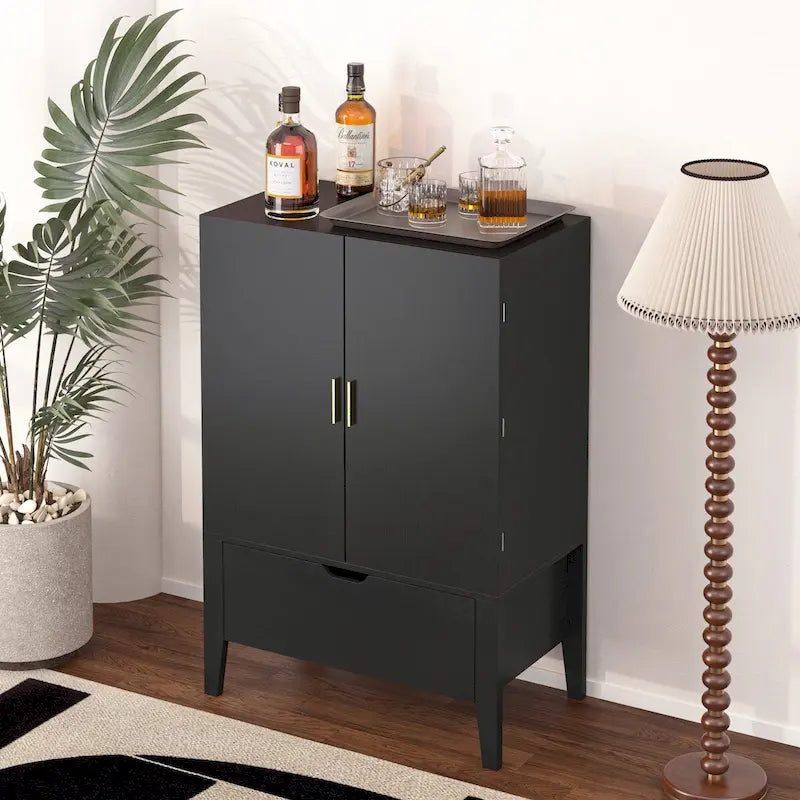 Industrial Metal Wood Bar Cabinet with Wine Rack Drawer and Goblet Holder