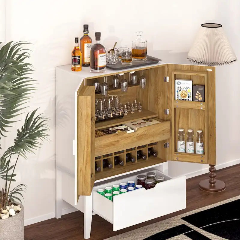 Industrial Metal Wood Bar Cabinet with Wine Rack Drawer and Goblet Holder