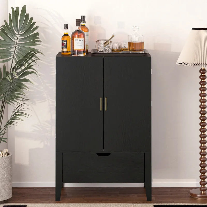 Industrieller Bar- und Getränkeschrank aus Metall und Holz mit Weinregal, Schublade und Glashalter