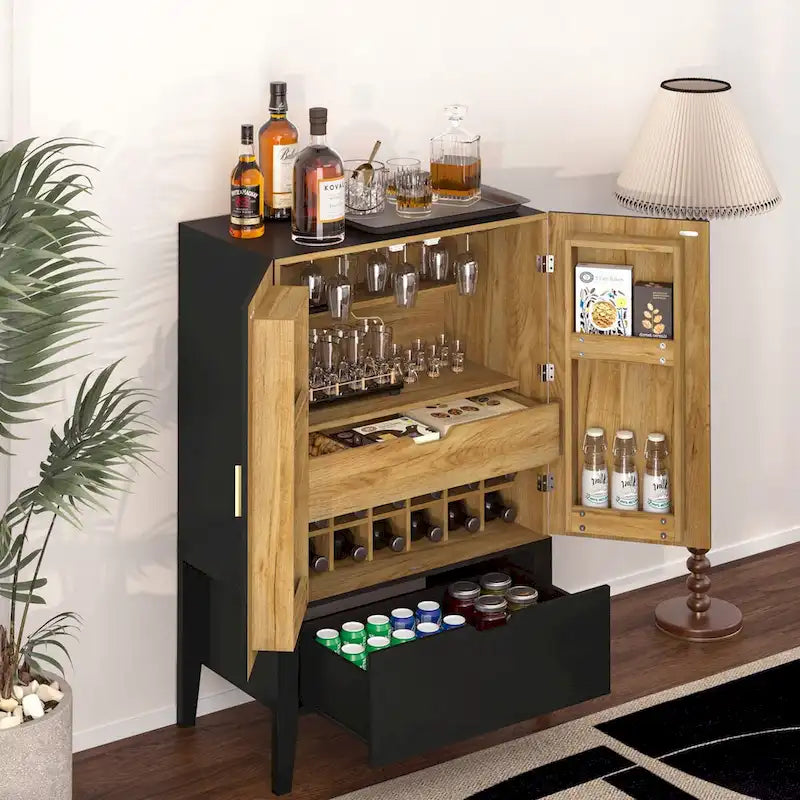 Industrieller Bar- und Getränkeschrank aus Metall und Holz mit Weinregal, Schublade und Glashalter