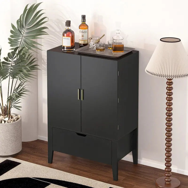 Industrial Metal Wood Bar Cabinet with Wine Rack Drawer and Goblet Holder
