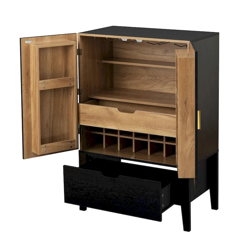 Industrieller Bar- und Getränkeschrank aus Metall und Holz mit Weinregal, Schublade und Glashalter