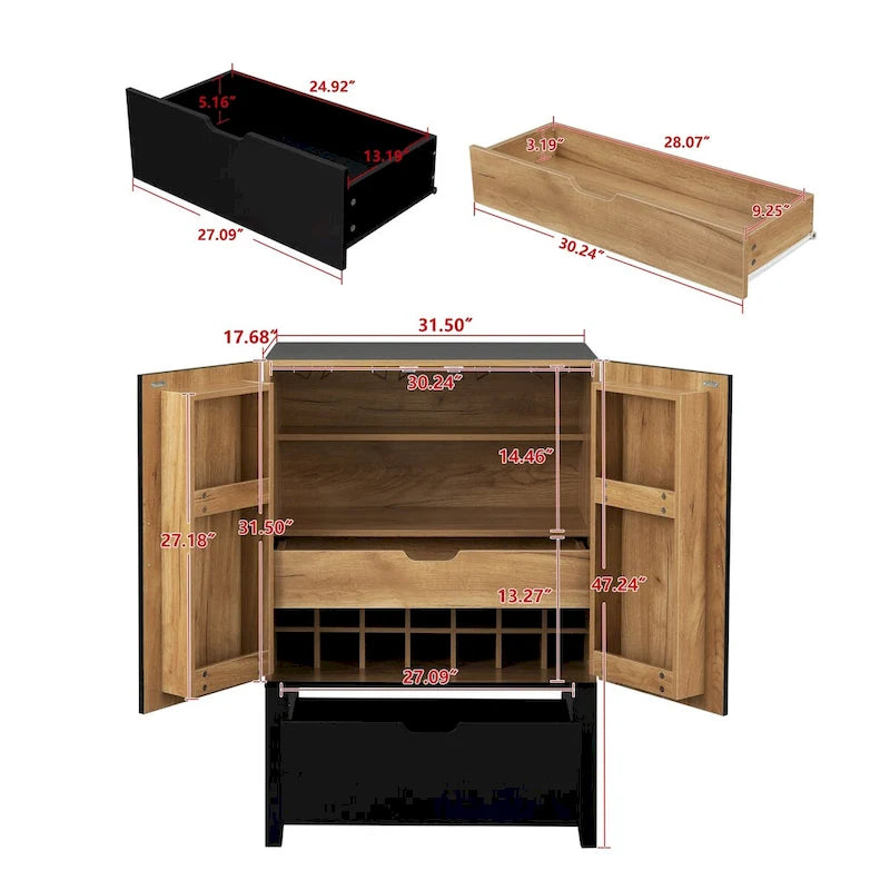 Industrieller Bar- und Getränkeschrank aus Metall und Holz mit Weinregal, Schublade und Glashalter