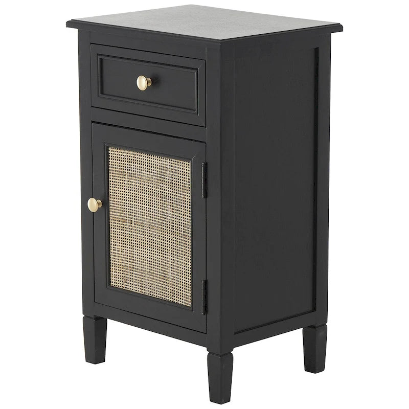 Black Wood Cabinet with Rattan Door Gold Knobs and Single Drawer