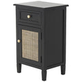 Black Wood Cabinet with Rattan Door Gold Knobs and Single Drawer