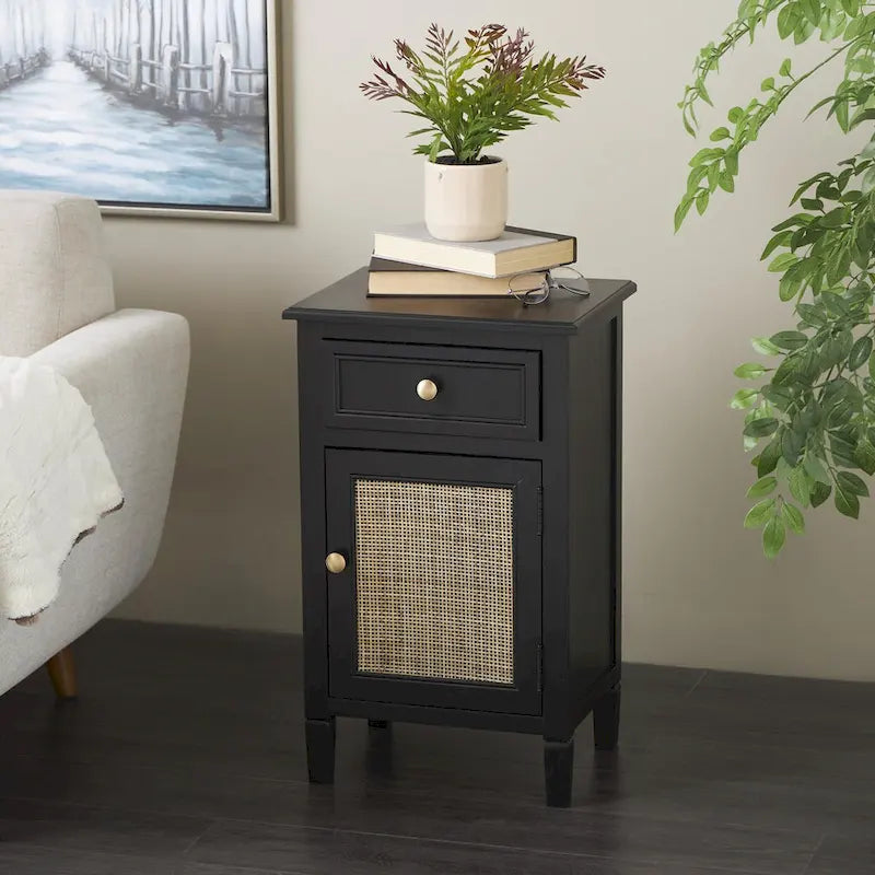 Black Wood Cabinet with Rattan Door Gold Knobs and Single Drawer