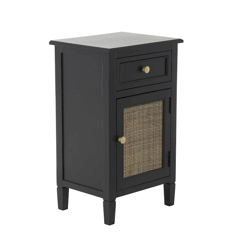 Black Wood Cabinet with Rattan Door Gold Knobs and Single Drawer