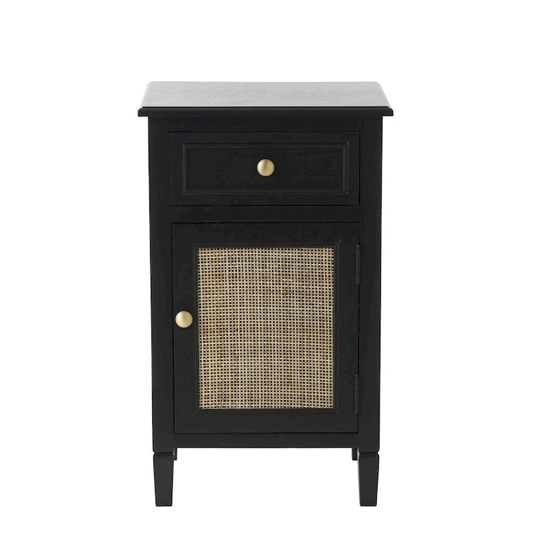 Black Wood Cabinet with Rattan Door Gold Knobs and Single Drawer
