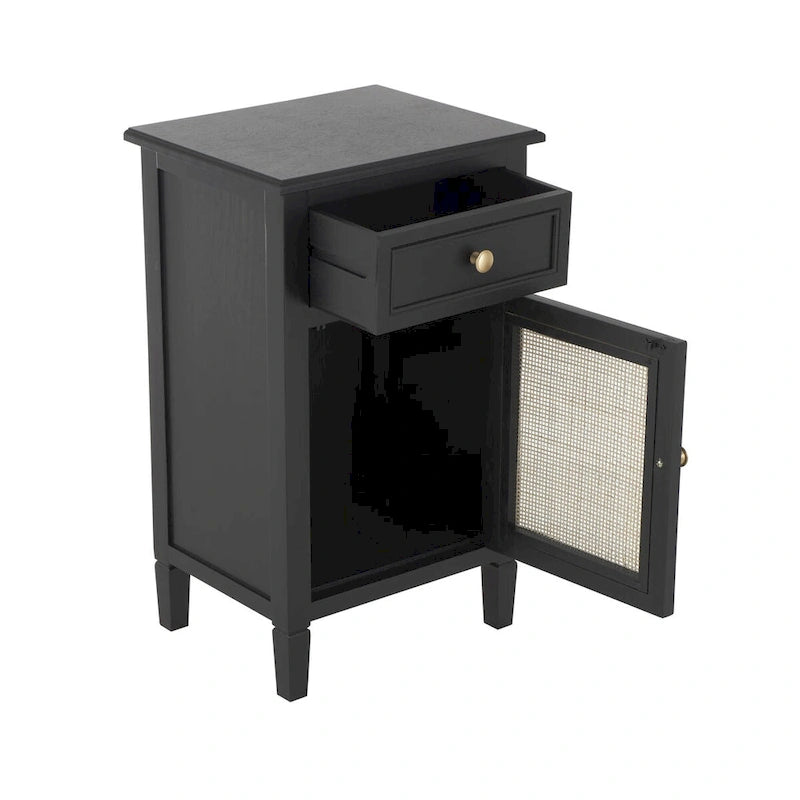 Black Wood Cabinet with Rattan Door Gold Knobs and Single Drawer