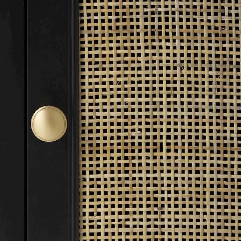 Black Wood Cabinet with Rattan Door Gold Knobs and Single Drawer