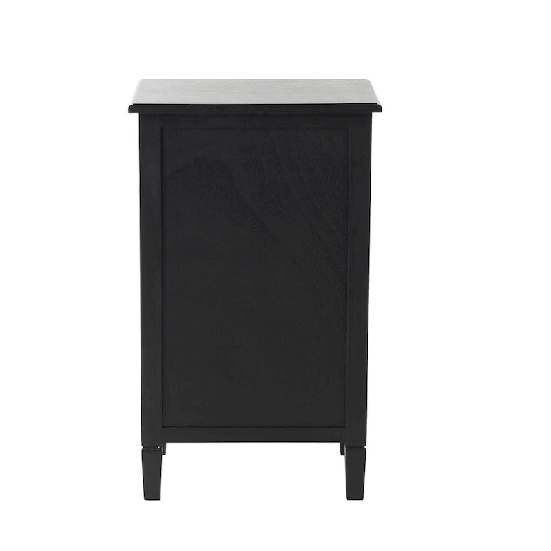 Black Wood Cabinet with Rattan Door Gold Knobs and Single Drawer