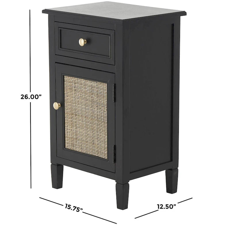 Black Wood Cabinet with Rattan Door Gold Knobs and Single Drawer