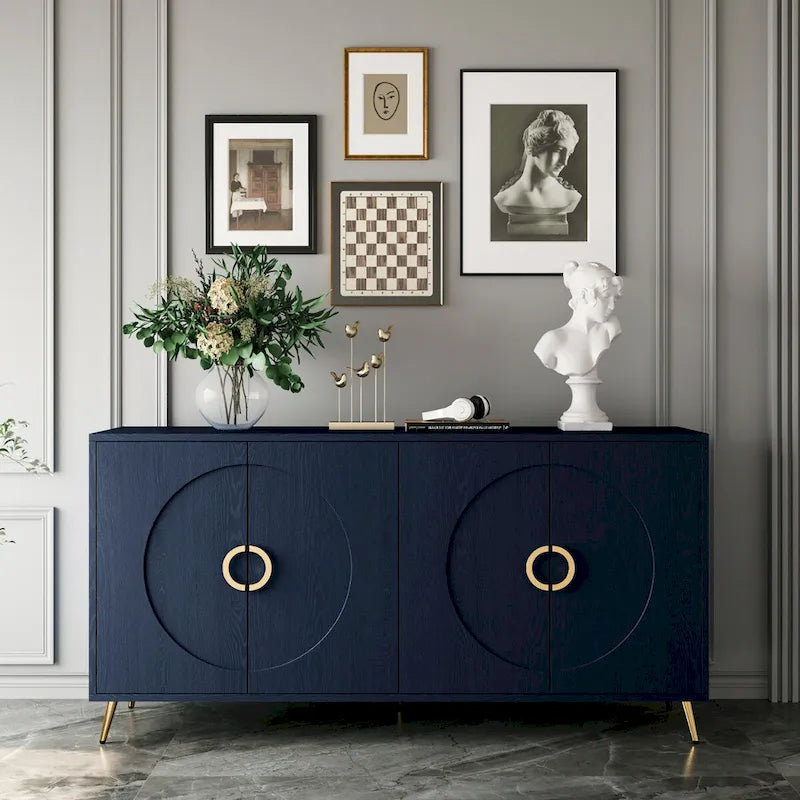 4-Door Sideboard Buffet Cabinet with Gold Ring Handles and Metal Legs