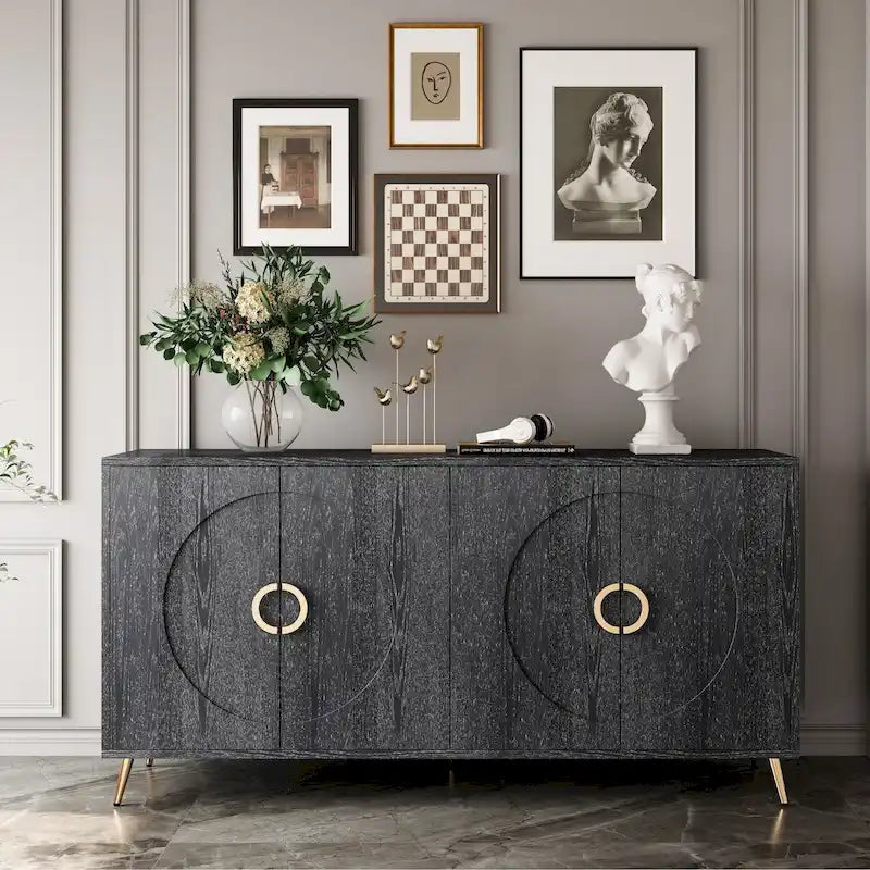 4-Door Sideboard Buffet Cabinet with Gold Ring Handles and Metal Legs