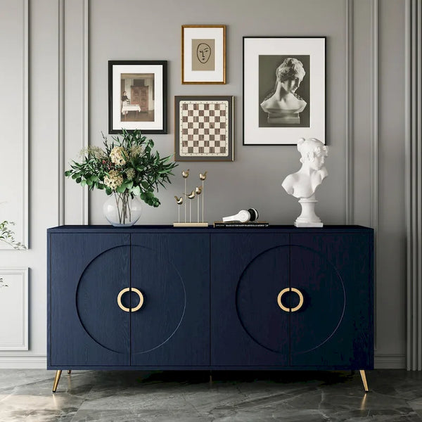 Sideboard-Buffetschrank mit 4 Türen, goldfarbenen Ringgriffen und Metallbeinen