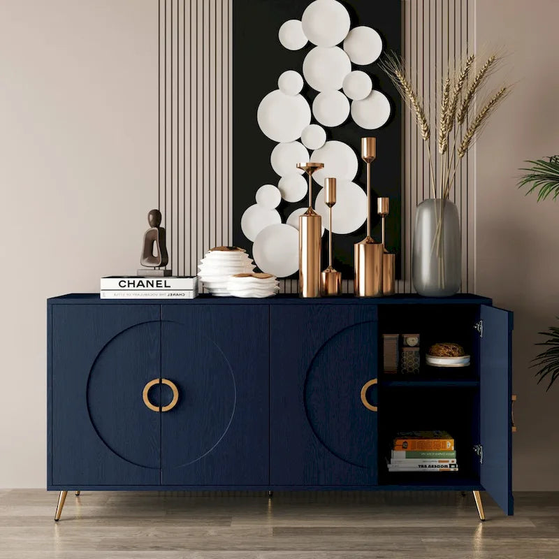 4-Door Sideboard Buffet Cabinet with Gold Ring Handles and Metal Legs