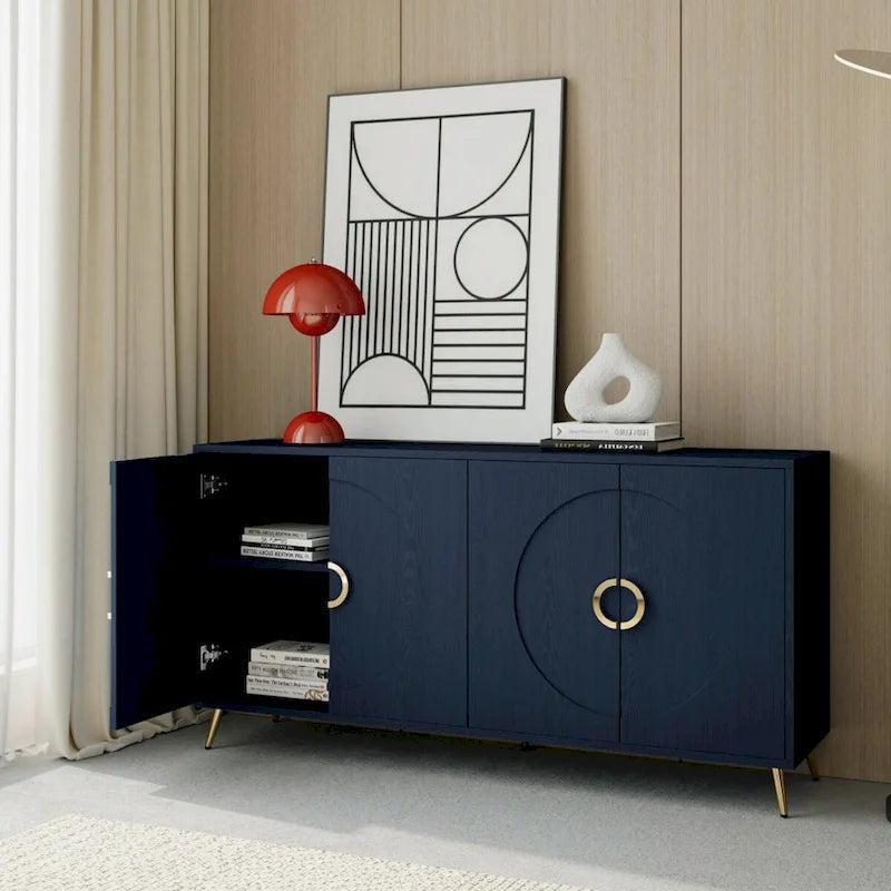 4-Door Sideboard Buffet Cabinet with Gold Ring Handles and Metal Legs