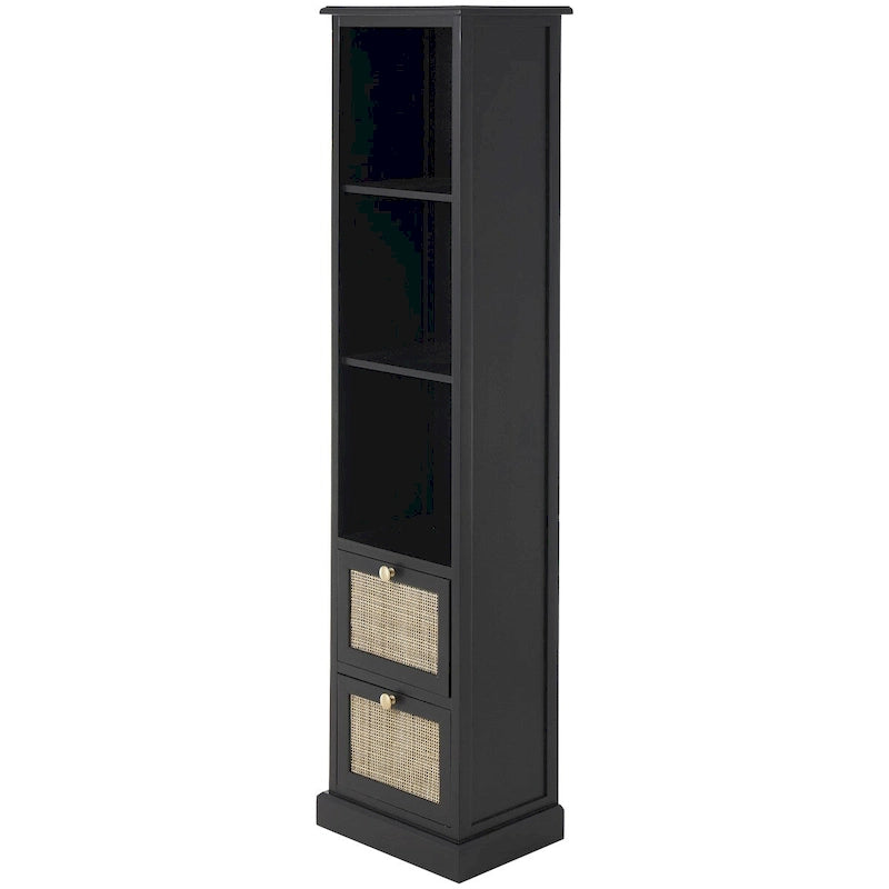 Black Tall Storage Cabinet with 3 Shelves and 2 Rattan Front Drawers