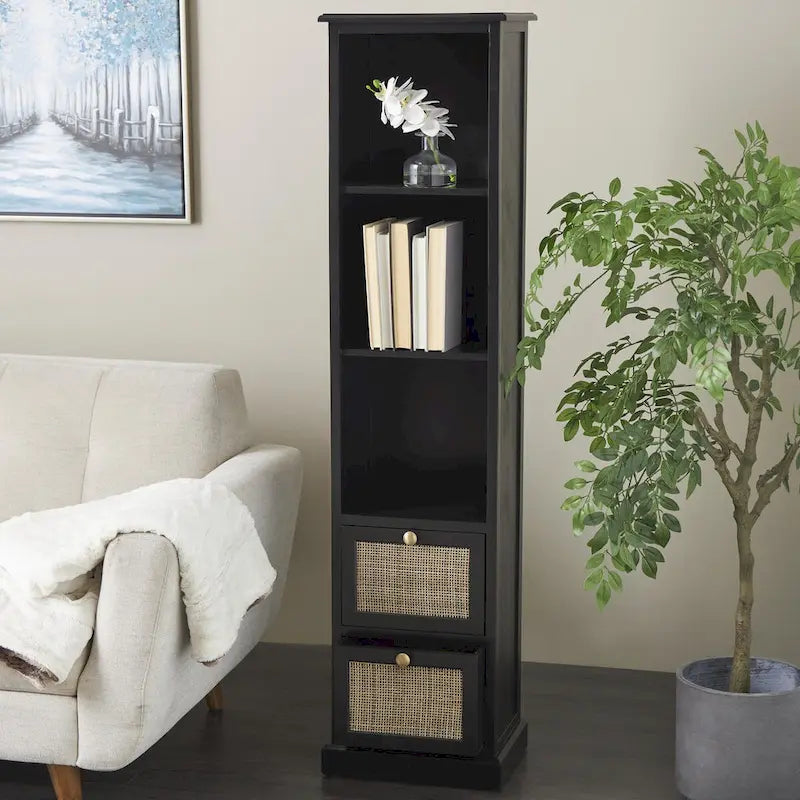 Black Tall Storage Cabinet with 3 Shelves and 2 Rattan Front Drawers