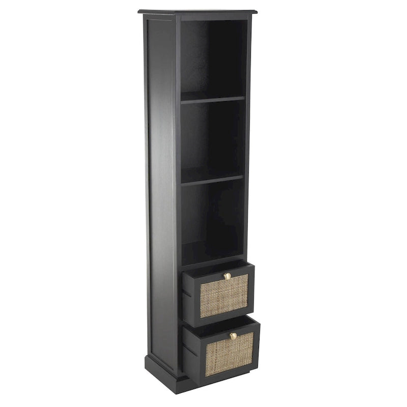 Black Tall Storage Cabinet with 3 Shelves and 2 Rattan Front Drawers