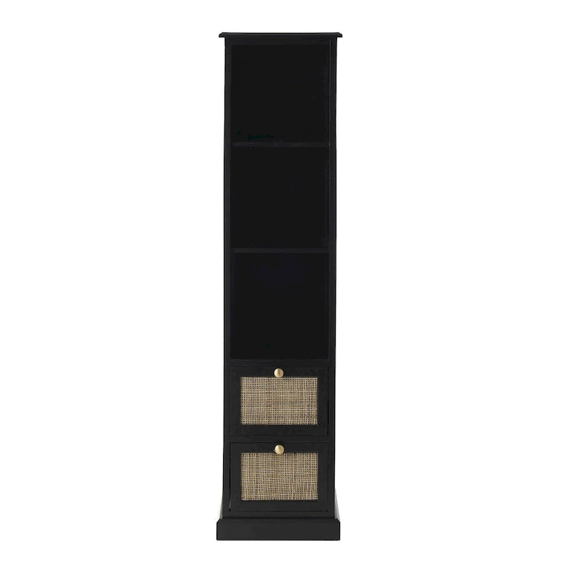 Black Tall Storage Cabinet with 3 Shelves and 2 Rattan Front Drawers