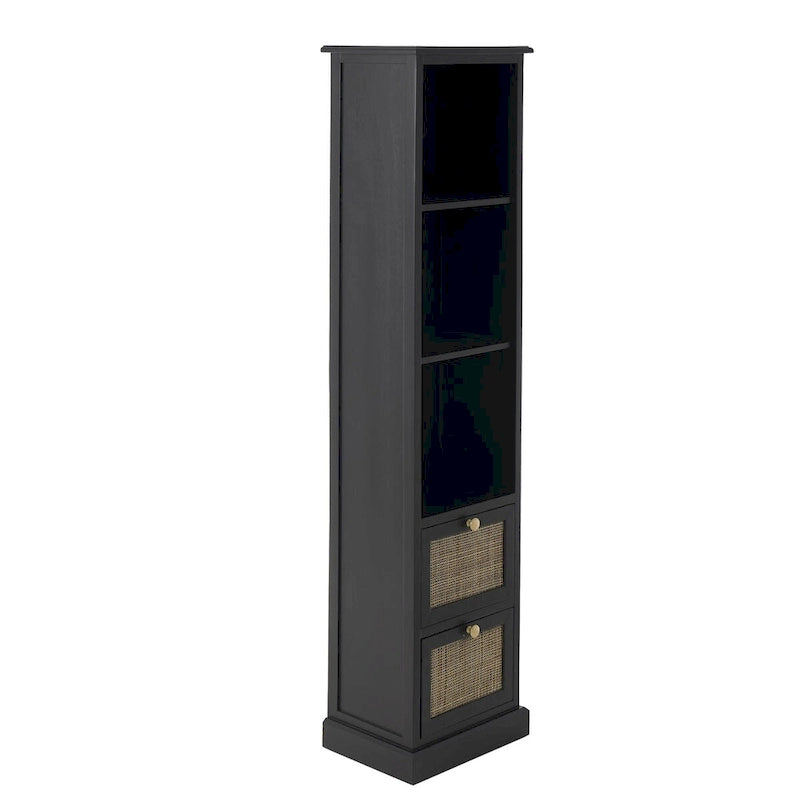 Black Tall Storage Cabinet with 3 Shelves and 2 Rattan Front Drawers