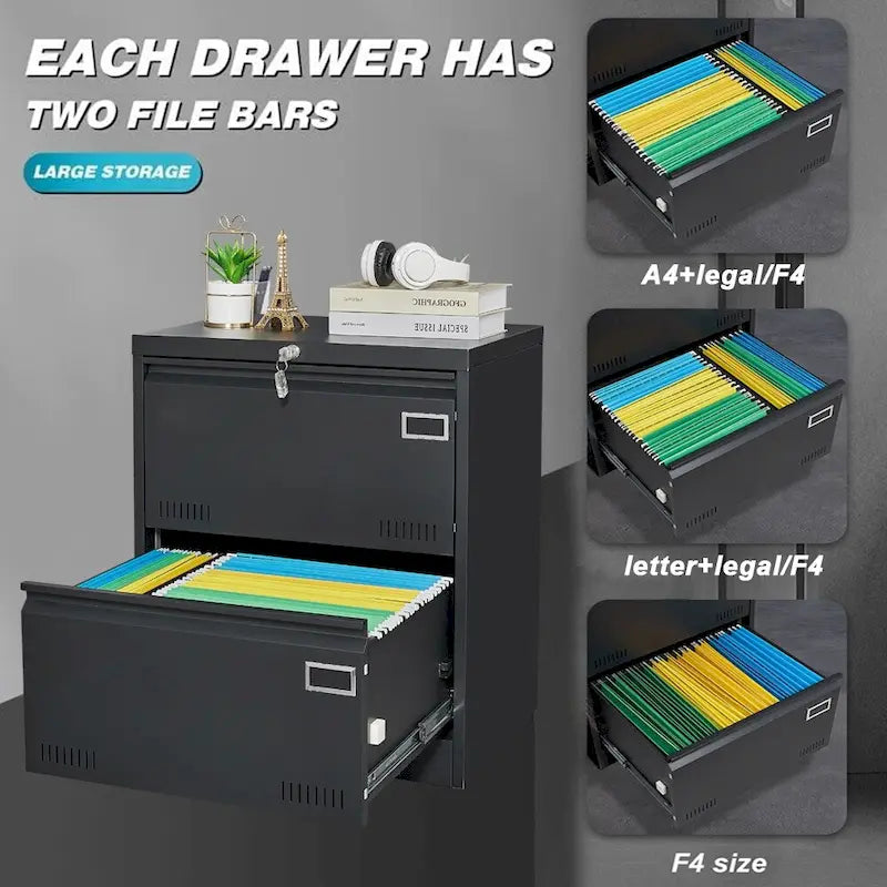2-Drawer Metal Lateral File Cabinet with Lock, Black, Heavy-Duty Office Storage