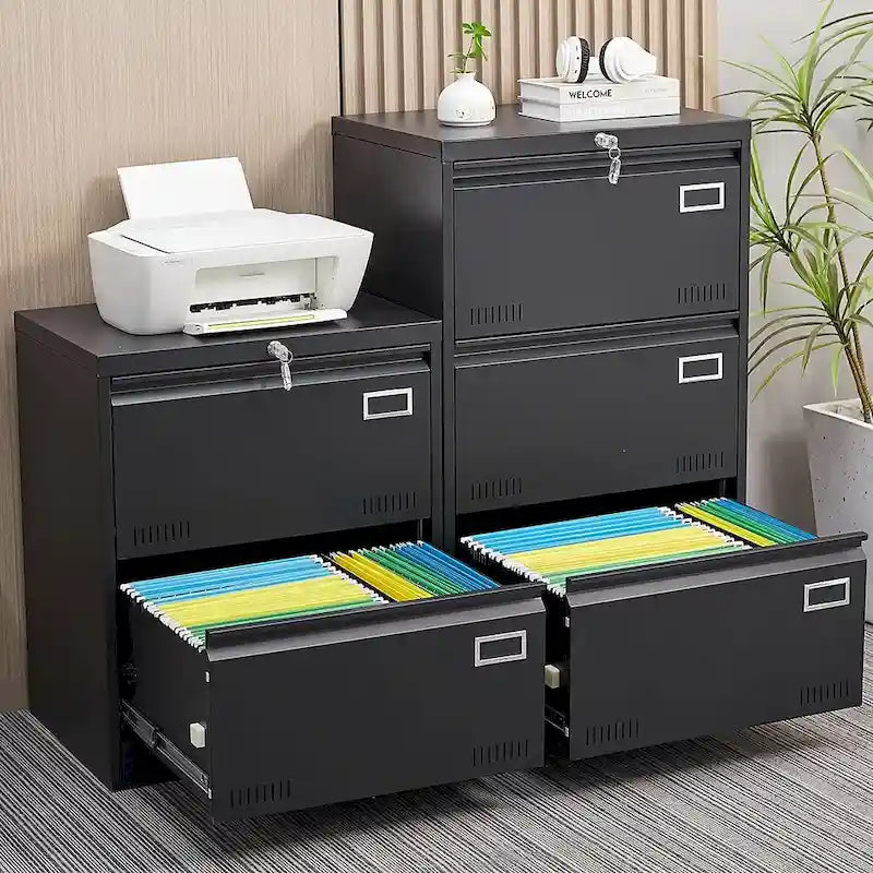 2-Drawer Metal Lateral File Cabinet with Lock, Black, Heavy-Duty Office Storage