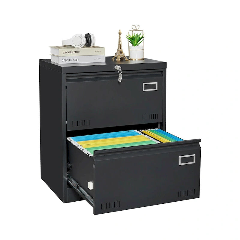 2-Drawer Metal Lateral File Cabinet with Lock, Black, Heavy-Duty Office Storage